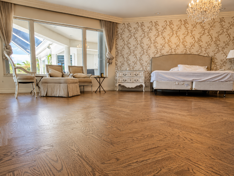 Refinished White Oak Herringbone Master Bedroom West Palm Beach Florida Master Room 800 sqft
